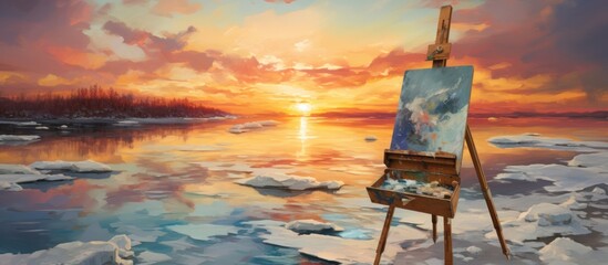 Canvas on the edge of an icy lake, paint splattered around it with a sunset in the background.