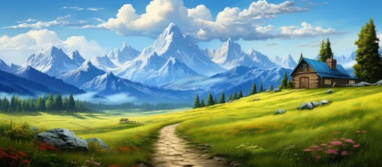 Beautiful summer landscape with wooden cabin with mountain background, high definition photography.