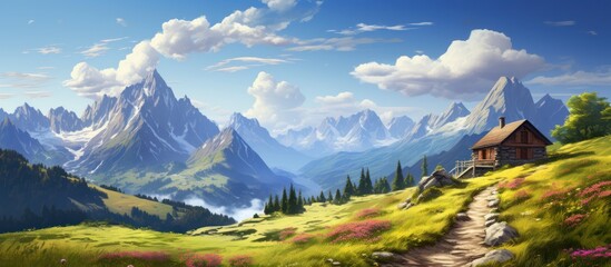 Beautiful summer landscape with wooden cabin with mountain background, high definition photography.