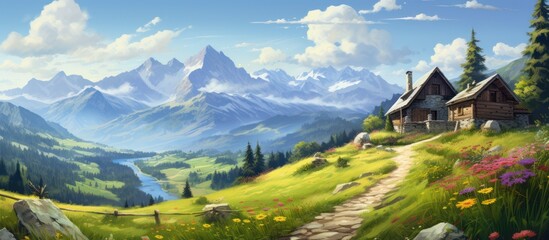 Beautiful summer landscape with wooden cabin with mountain background, high definition photography.