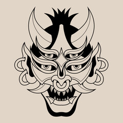 Hand drawn traditional tattoo of a Japanese oni mask outline 26