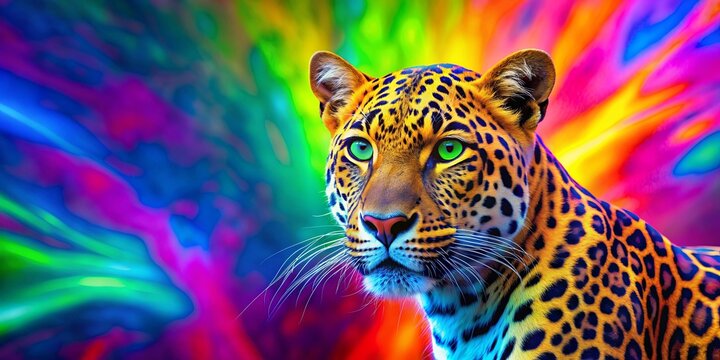 Vibrant neon colored leopard blending into a colorful abstract background, neon, colorful, leopard, wildlife, animal, abstract