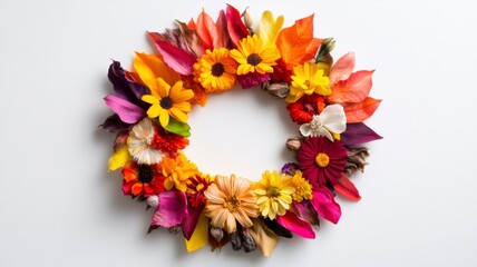 Colorful floral wreath featuring vibrant flowers and leaves, perfect for home decor and seasonal decoration.