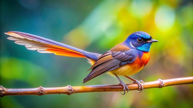Close-up photo of a colorful fantail bird with a long tail perched on a branch, fantail, piwaka, bird, colorful, wildlife