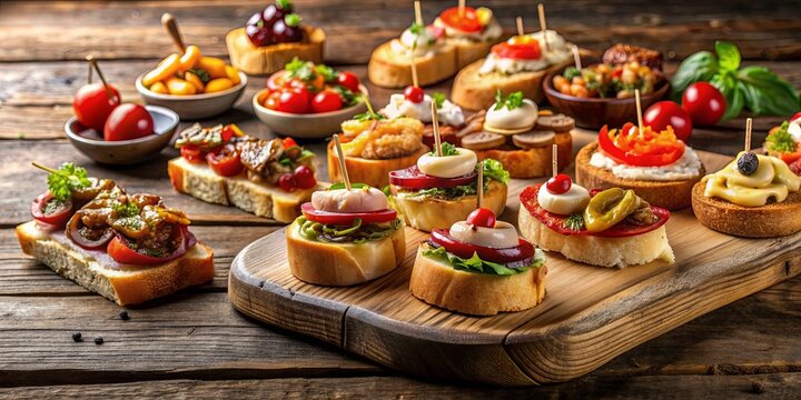 Assortment of Spanish pintxos on a rustic wooden table, spanish, pintxos, tapas, assortment, appetizers, wooden table