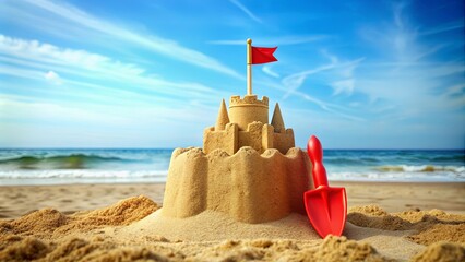 Detailed sandcastle with red flags and yellow-red shovel on background, sandcastle, detailed, red flags, yellow-red shovel, beach