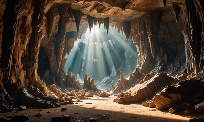 A spacious cave opening with rays of sunlight piercing through the entrance, creating a dramatic interplay of light and dark on stalactites and stalagmites