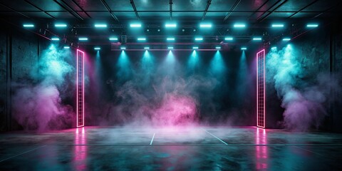 Obraz premium Dark stage with neon lights, empty scene, and smoke floating on concrete floor , dark