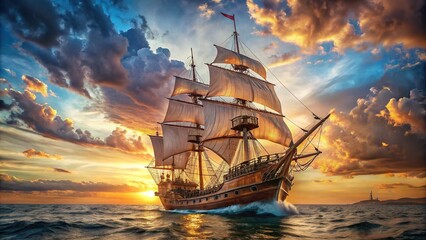 Fototapeta premium A majestic galleon sailboat navigates through uncharted waters, its billowing sails and sturdy rigging a testament to centuries of exploration and discovery at sea.