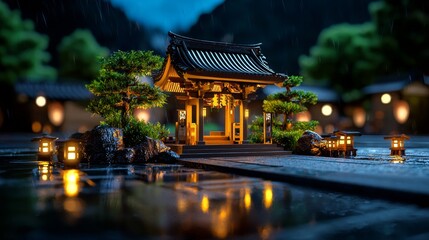 Obraz premium A 3D Shinto shrine with soft lighting, representing spirituality in Japan.