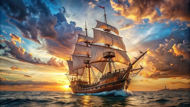 A majestic galleon sailboat navigates through uncharted waters, its billowing sails and sturdy rigging a testament to centuries of exploration and discovery at sea.