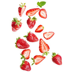 Falling Strawberries and slices isolate on transparency background