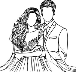 Black Line Art Wedding Couple Romance Hand Drawn Illustration