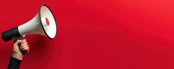 A hand holds a megaphone against a vibrant red background, symbolizing communication and announcement.