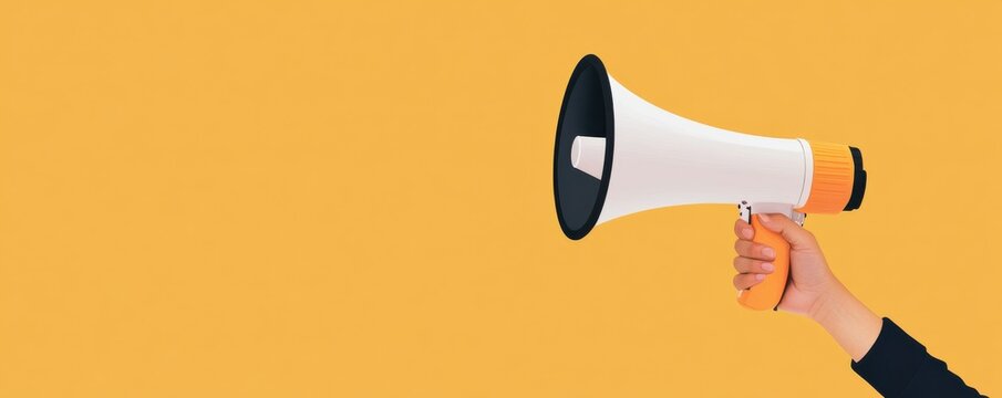 A hand holds a megaphone against a vibrant yellow background, symbolizing communication and call to action in modern media.