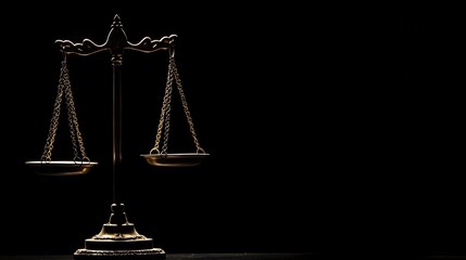 A pair of balanced scales against a dark black background, highlighting the concept of justice with ample negative space for adding text or graphics