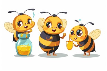 Obraz premium Cute Cartoon Bees Enjoying Honey