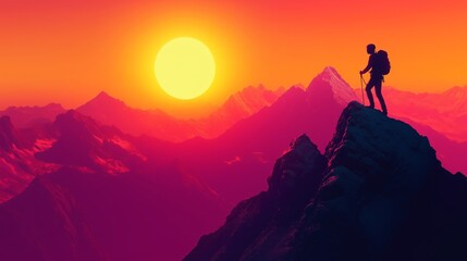 A climber reaching the summit of a rugged mountain as the sun sets, representing triumph over adversity and the power of perseverance.