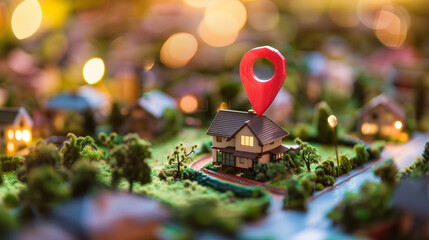 Miniature House with Red Location Pin in a Model Neighborhood