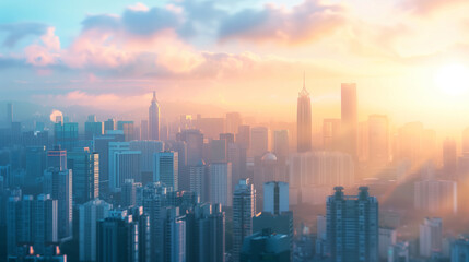 Fototapeta premium City Skyline Covered in Mist with the Sun Rising in the Background..