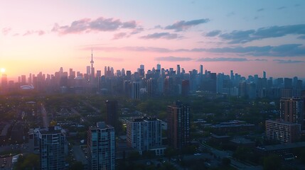 Fototapeta premium A panoramic view of a city skyline at dusk, with the last light of the sun blending into the emerging city lights, highlighting the transition from day to night. 8k UHD, suitable for high-quality 
