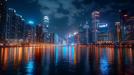 A vibrant cityscape at night with illuminated skyscrapers, their lights reflecting off a calm river below, creating a stunning contrast of bright colors against the dark sky. 8k UHD, suitable 
