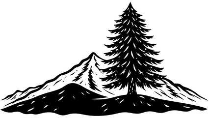 Pine Tree on Snowy Mountain: Detailed Winter Landscape Illustration