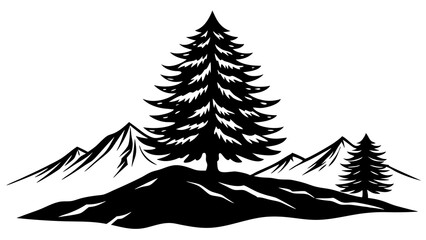 Pine Tree on Snowy Mountain: Detailed Winter Landscape Illustration