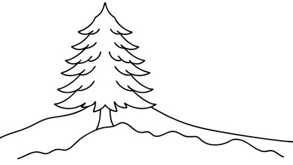 Winter Mountain Scene with Pine Tree: Black and White Silhouette