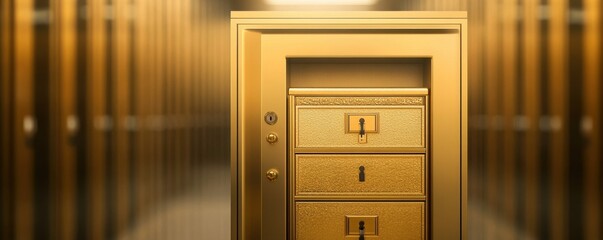 golden safe in a bank vault, symbolizing security and wealth management, perfect for finance and investment themes.