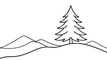 Winter Mountain Scene with Pine Tree: Black and White Silhouette