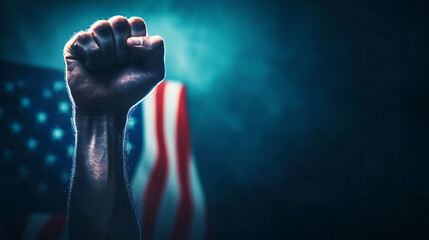 A raised fist in the air against a blurry American flag background