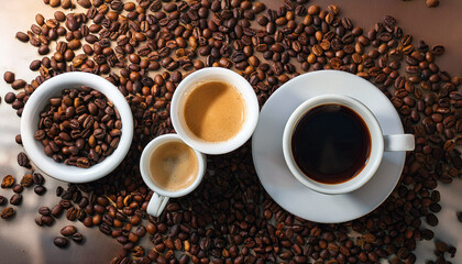 Four white generic coffee cups on a table with coffee beans around the cups