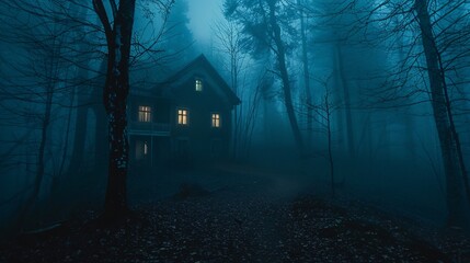 Haunted house in the forest at night. Horror Halloween concept image.