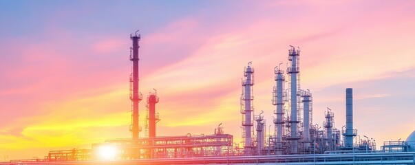 A vibrant sunset illuminates an industrial landscape with smokestacks and refineries, showcasing modern manufacturing and energy production.