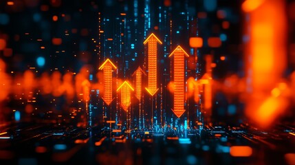 Fototapeta premium A digital graphic of glowing orange arrows pointing upward, symbolizing business growth, innovation, and technological advancement in a dynamic environment.