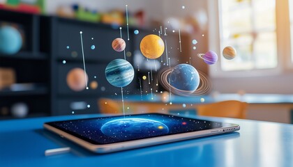 A tablet on a classroom desk displaying an augmented reality solar system, symbolizing educational technology and interactive learning.