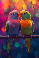 Obraz premium Two colorful parrots are perched on a branch, touching beaks with a blurred colorful background.