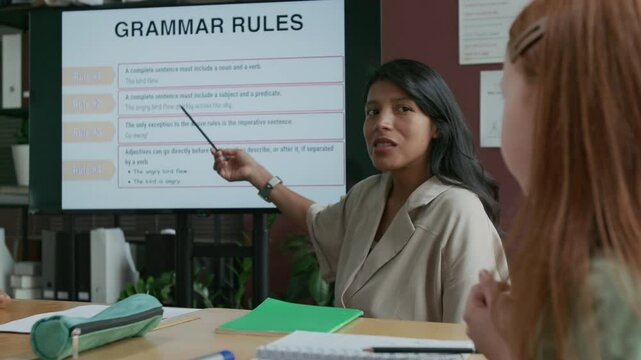 Medium shot of smiling female Hispanic teacher explaining new grammar topic during foreign language lesson to schoolchildren in classroom, asking questions to check correct understanding