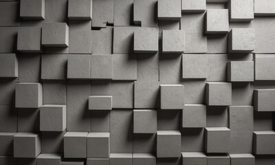 an assortment of grey blocks in varying sizes, assembled together like a 3D puzzle on a wall surface, with light accentuating the texture and depth of each block