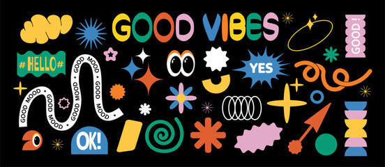 Brutalism retro 90s style naive playful abstract shapes sticker pack. Groovy circle oval rectangle arch eyes typography in trendy. With wavy geometric elements. 