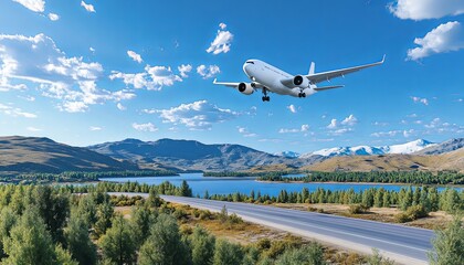 Airplane flying over a highway, lake, and mountain range.