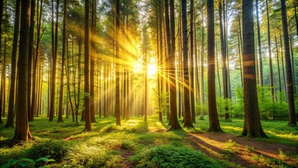 Obraz premium A serene forest background with tall trees and golden sunlight filtering through the leaves, nature, trees, outdoors