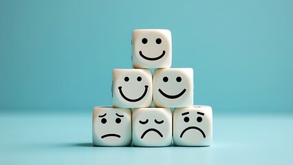 World mental health day concept or feedback rating and positive customer review, wood cube stacking with emotion face icon on blue background
