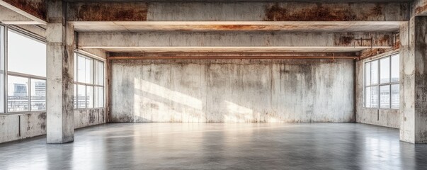 Spacious industrial interior with concrete walls and ample natural light, perfect for creative projects and modern setups.