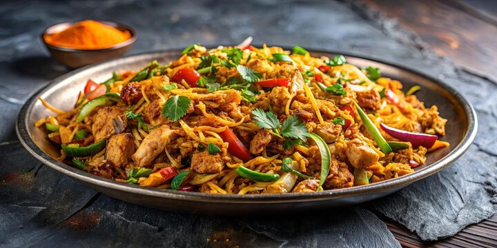 Sri Lankan kottu, delicious stir-fry of chopped roti bread, vegetables, and chicken served on a metal plate, Sri Lankan, kottu