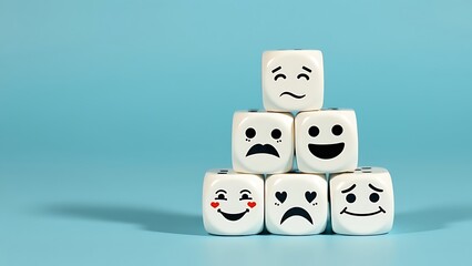 World mental health day concept or feedback rating and positive customer review, wood cube stacking with emotion face icon on blue background