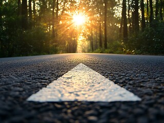 A White Triangle Lane Marking on a Road in a Forest with the Sunset in the Background