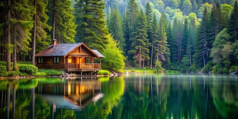 Obraz premium Cozy cabin in the woods surrounded by trees and a tranquil lake, cabin, cozy, woods, trees, nature, tranquil, lake, rustic