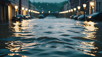 Flooded road during flood caused by torrential rains.  flooding streets. Flooded city road with large puddle